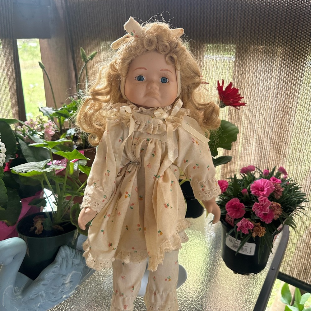Vintage-Style Cream Floral Girl Doll with Curly Blonde Hair